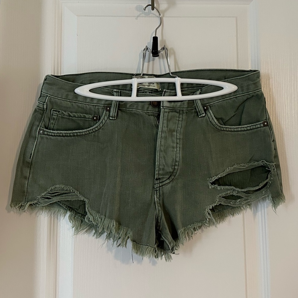Free People Green Distressed Jean Shorts